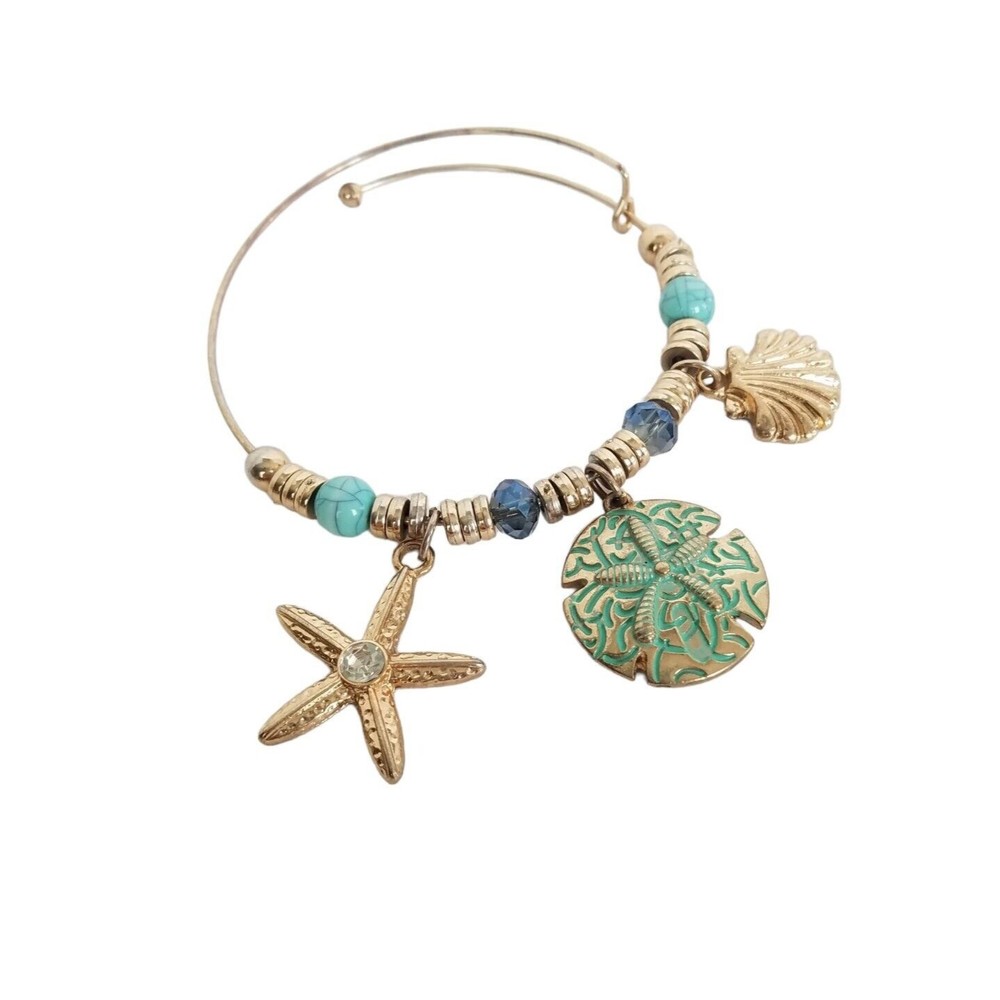 Starfish Sand Dollar Charm Wire Bangle Bracelet Glass Rhinestone Gemstone